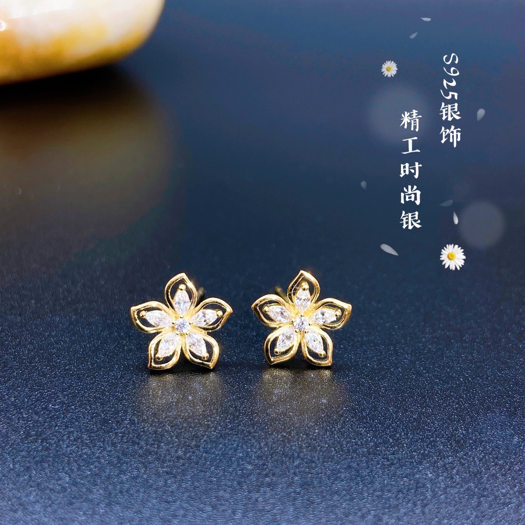 s925纯银耳钉花朵时尚闪亮银饰-085